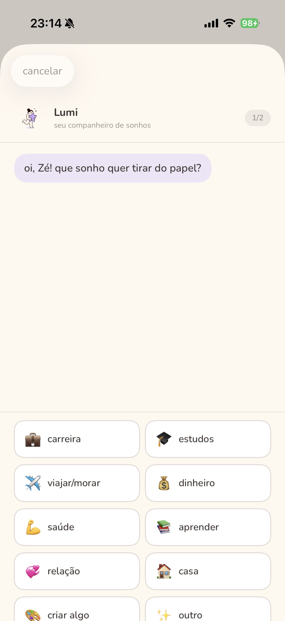 tela de conversa com a lumi escolhendo um sonho