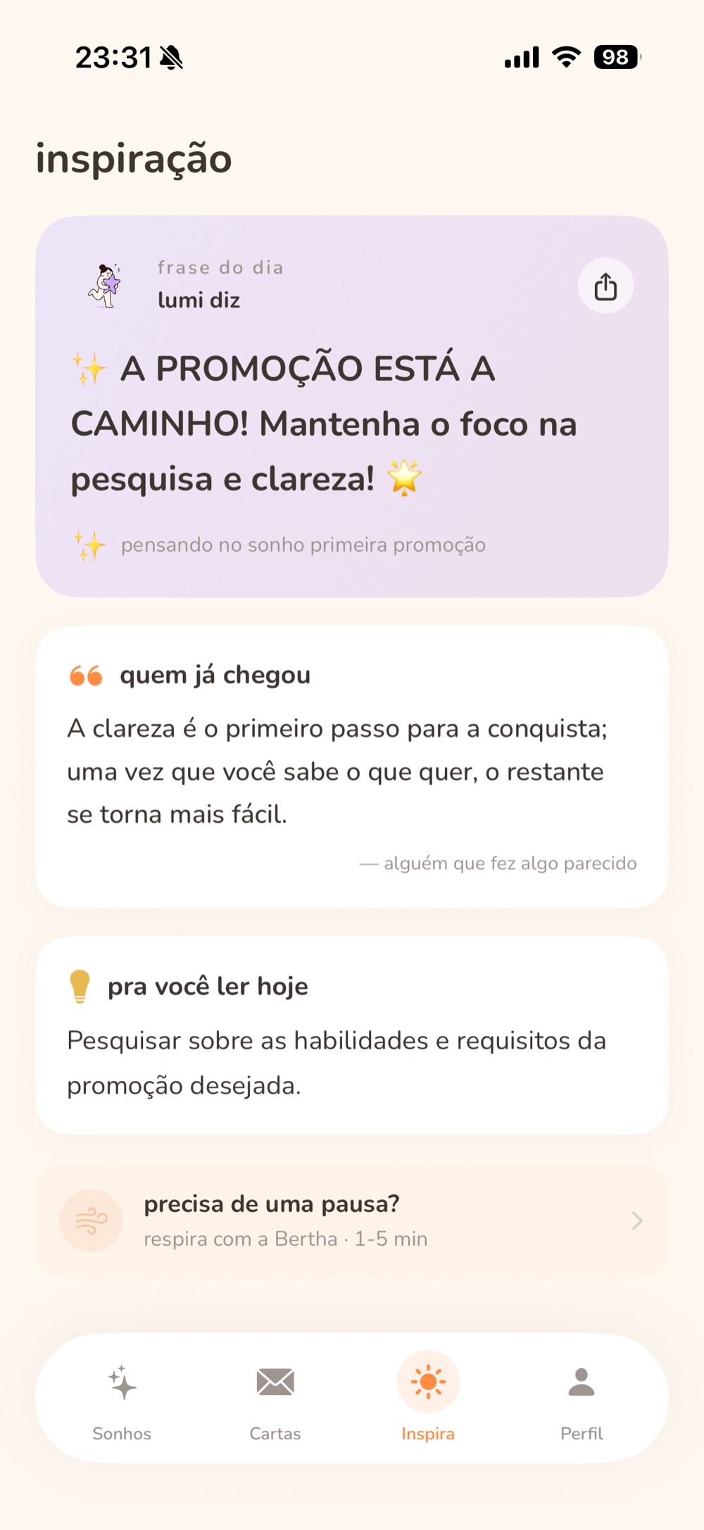 tela de inspiração do sona com frase do dia e histórias de quem já chegou